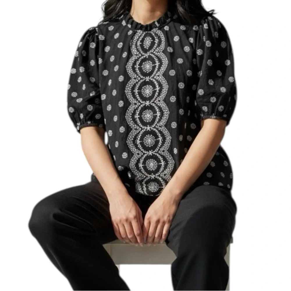 Loft Black and White Embroidered Eyelet Puff Sleeve High Neck Boho Top Size L